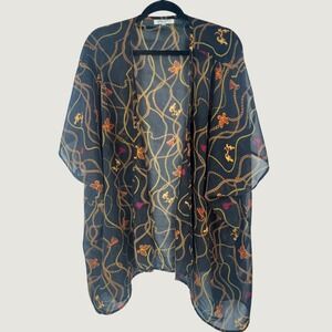 Speed Limit MPH Women's XL Black Gold Chain Tassel Print Sheer Kimono Wrap